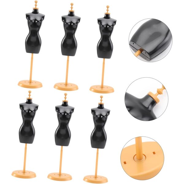 Set 6 Supporti per Abiti di Bambole in Plastica Nero Dorato, Organizer e Espositore Decorativo