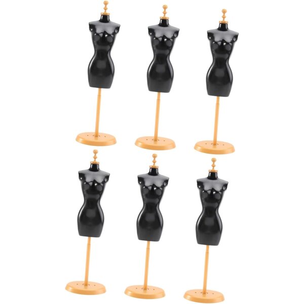 Set 6 Supporti per Abiti di Bambole in Plastica Nero Dorato, Organizer e Espositore Decorativo