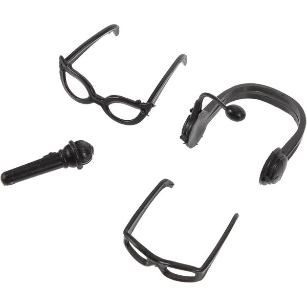 Schwarzes Mini-Zubehör für Puppen: 4-teiliges Set aus Kunststoffhelm, Mikrofon und Brille