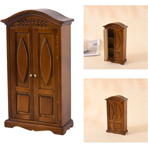 Armadio in legno antico 1/12 per bambole con doppia porta e dettagli vintage