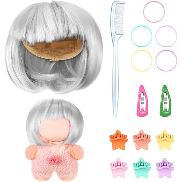 Perruque per bambole 22-24 cm con accessori per styling e decorazione multicolore