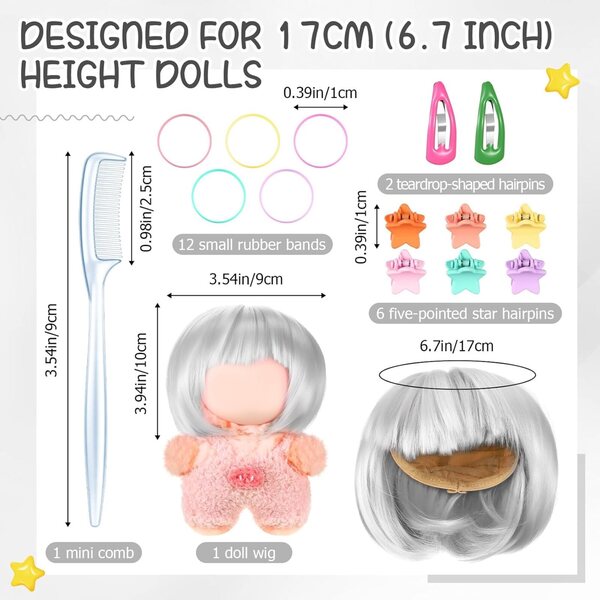 Perruque für Puppen 22-24 cm mit mehrfarbigen Styling- und Dekorationsaccessoires