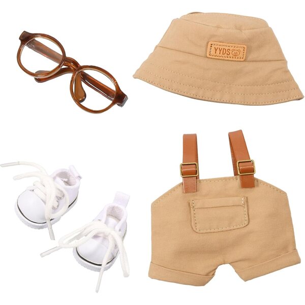 Komplettes Kleidungsset für 15–17 cm große Puppen mit Overall, Hut, Brille und khakifarbenen Schuhen