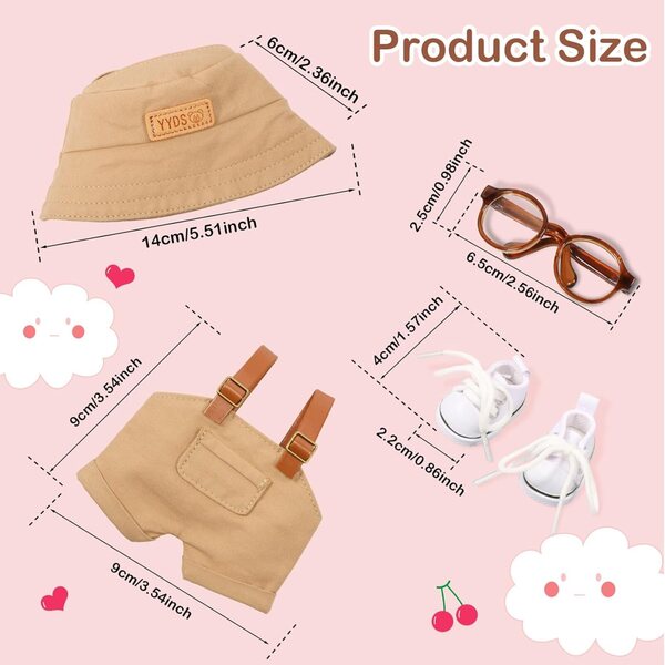 Komplettes Kleidungsset für 15–17 cm große Puppen mit Overall, Hut, Brille und khakifarbenen Schuhen