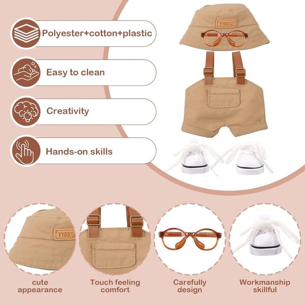 Komplettes Kleidungsset für 15–17 cm große Puppen mit Overall, Hut, Brille und khakifarbenen Schuhen