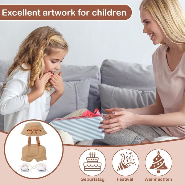 Komplettes Kleidungsset für 15–17 cm große Puppen mit Overall, Hut, Brille und khakifarbenen Schuhen