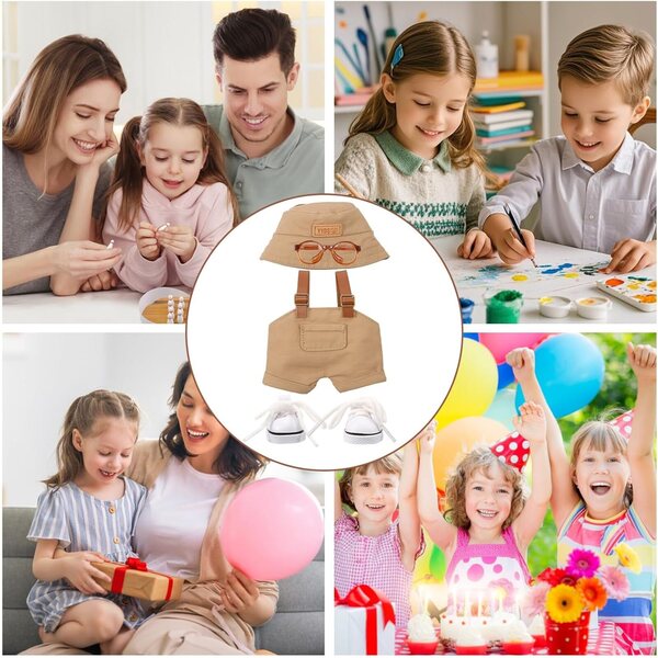 Komplettes Kleidungsset für 15–17 cm große Puppen mit Overall, Hut, Brille und khakifarbenen Schuhen
