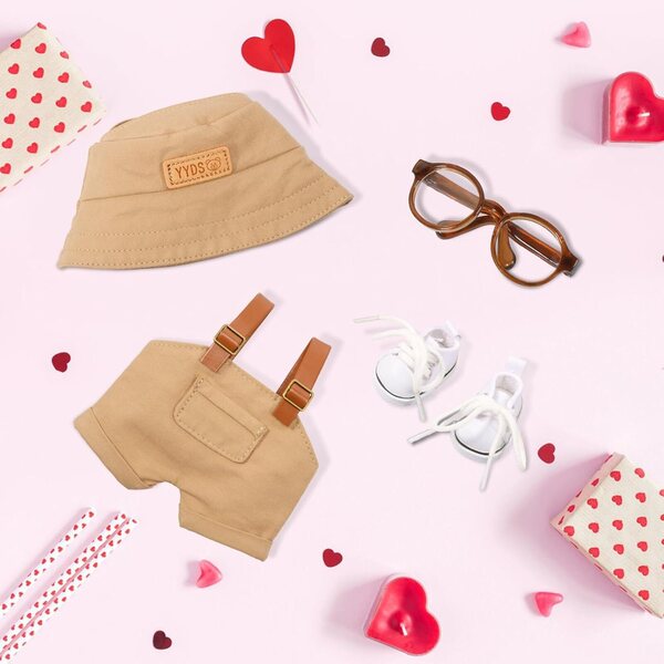 Komplettes Kleidungsset für 15–17 cm große Puppen mit Overall, Hut, Brille und khakifarbenen Schuhen