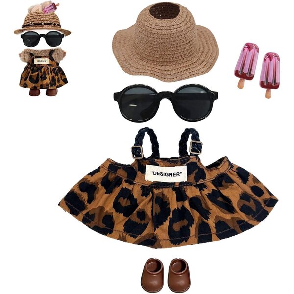 Set abbigliamento estivo per bambola coniglio 17 cm: vestito leopardato e accessori stilosi