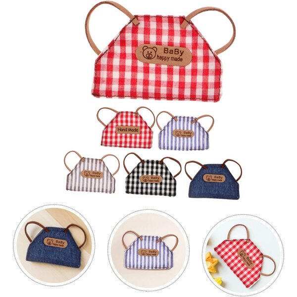 Set mit 6 Vintage-Tabletts in Denim und Karos für Puppen, Miniatur-Accessoires