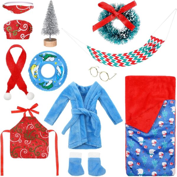 Set 11 Accessori per Bambola Elfo di Natale: Sacco a Pelo, Sciarpa, Maschera e Altro