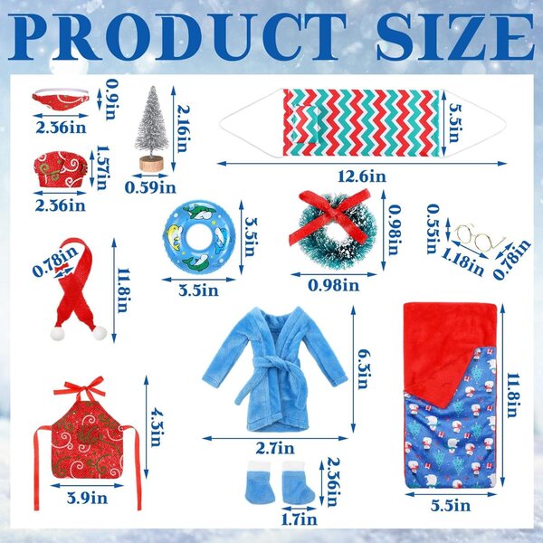 Set 11 Accessori per Bambola Elfo di Natale: Sacco a Pelo, Sciarpa, Maschera e Altro