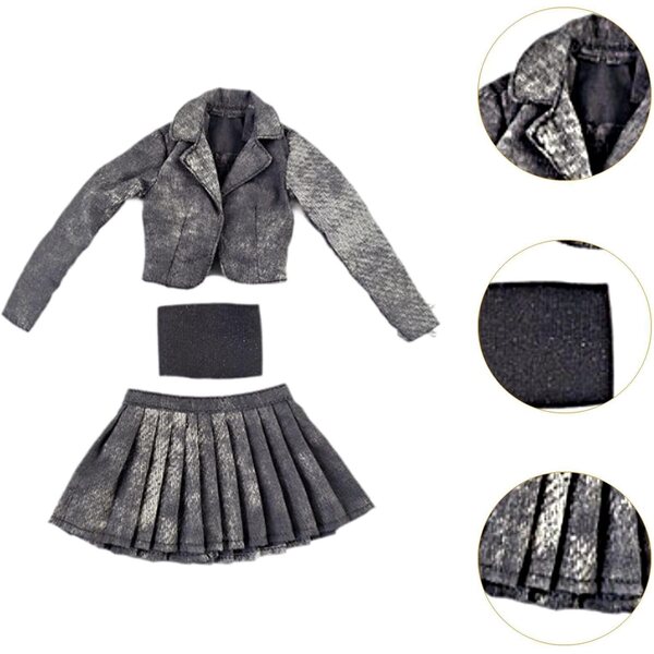 1/6-Kleidungsset für Puppen: Kleid, Faltenrock und grau-schwarzes Röhrenoberteil