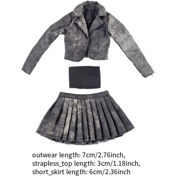 1/6-Kleidungsset für Puppen: Kleid, Faltenrock und grau-schwarzes Röhrenoberteil