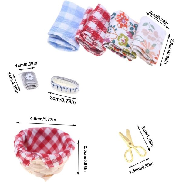 Kit cesta da cucito in miniatura per bambole con accessori realistici e dettagli eleganti