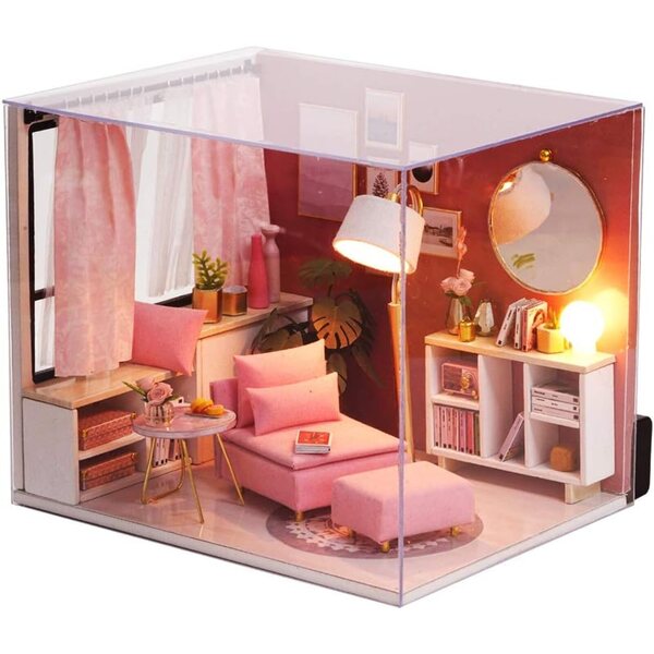 Casa delle Bambole in Miniatura Fai-da-Te Rosa con Luci LED e Mobili 3D