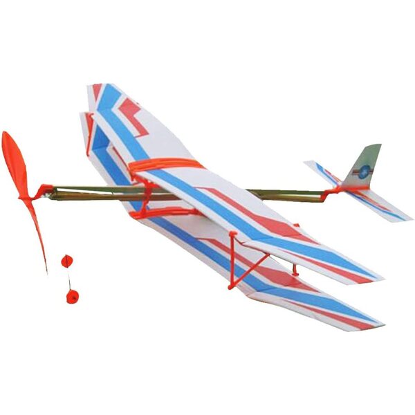 Blau-weißes Doppeldecker-Modellflugzeug aus Schaumstoff mit elastischem Start, einfach zu montieren