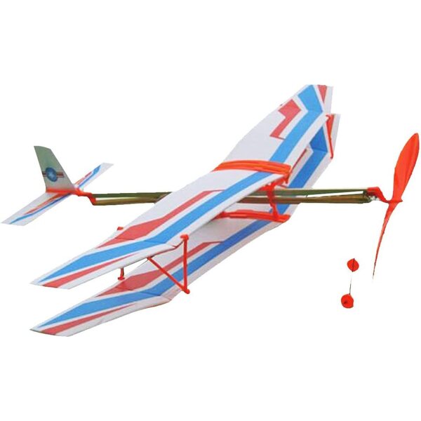 Blau-weißes Doppeldecker-Modellflugzeug aus Schaumstoff mit elastischem Start, einfach zu montieren