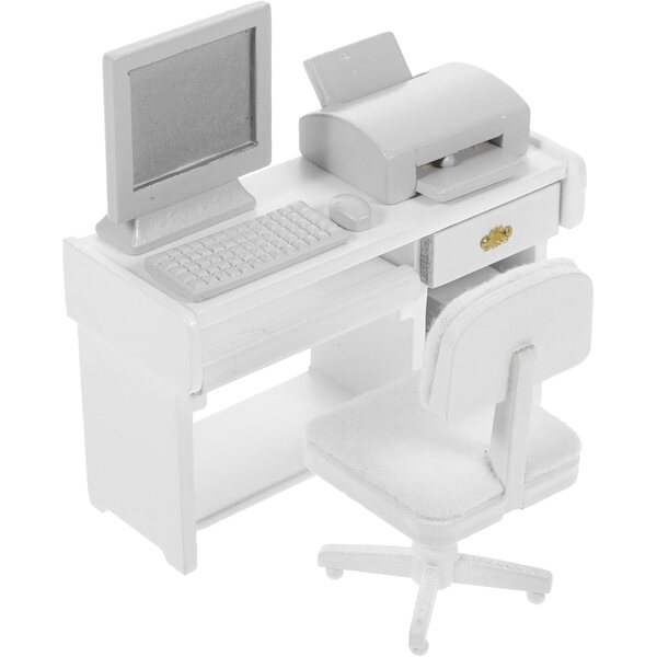 Set Mini Scrivania Ufficio in Legno Bianco per Case delle Bambole e Micro-scene