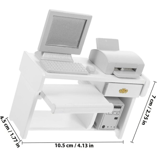 Set Mini Scrivania Ufficio in Legno Bianco per Case delle Bambole e Micro-scene