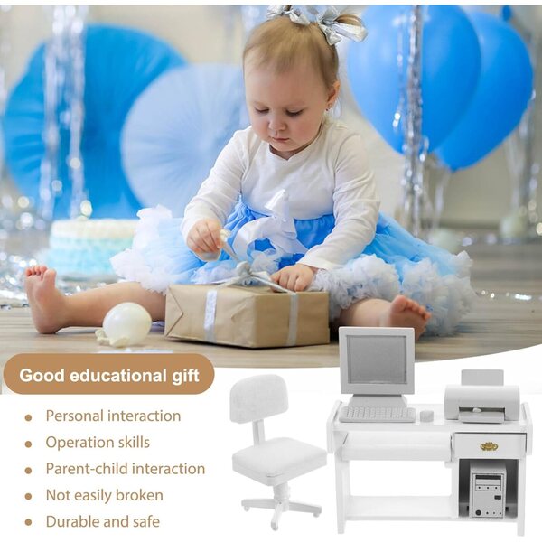 Set Mini Scrivania Ufficio in Legno Bianco per Case delle Bambole e Micro-scene