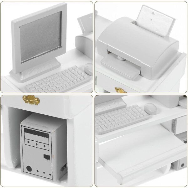 Set Mini Scrivania Ufficio in Legno Bianco per Case delle Bambole e Micro-scene