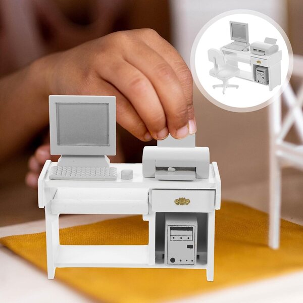 Set Mini Scrivania Ufficio in Legno Bianco per Case delle Bambole e Micro-scene