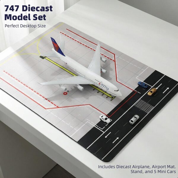 1:300 Boeing 747 Metallmodell mit Flughafenteppich und 5 Miniaturautos
