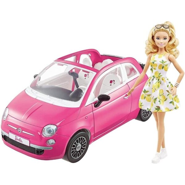 Barbie und ihr rosa Fiat 500 Cabriolet inklusive Puppe für Kinder im Alter von 3–7 Jahren