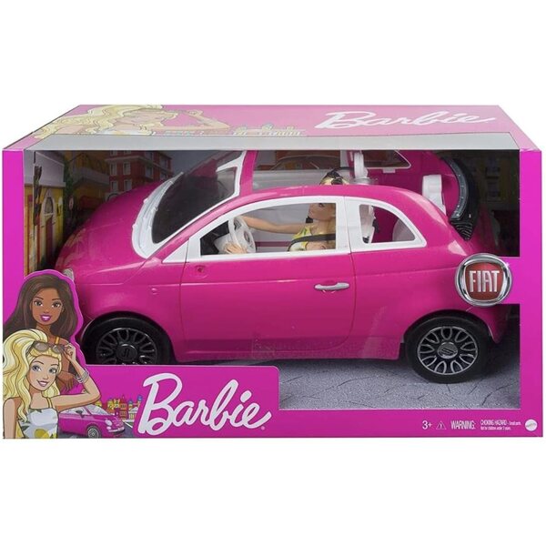 Barbie und ihr rosa Fiat 500 Cabriolet inklusive Puppe für Kinder im Alter von 3–7 Jahren
