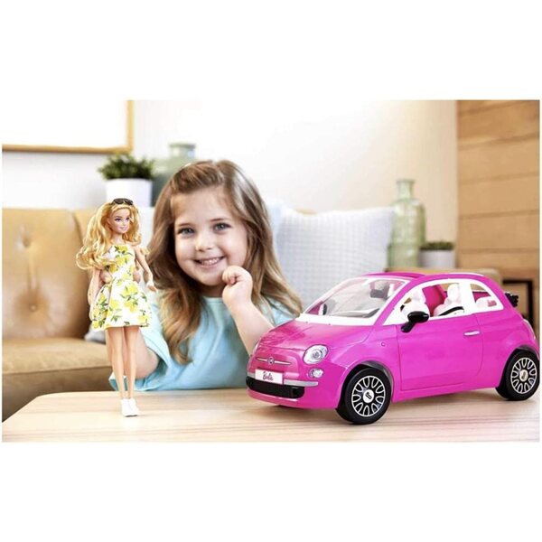 Barbie und ihr rosa Fiat 500 Cabriolet inklusive Puppe für Kinder im Alter von 3–7 Jahren
