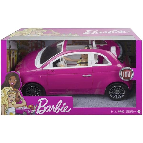 Barbie und ihr rosa Fiat 500 Cabriolet inklusive Puppe für Kinder im Alter von 3–7 Jahren