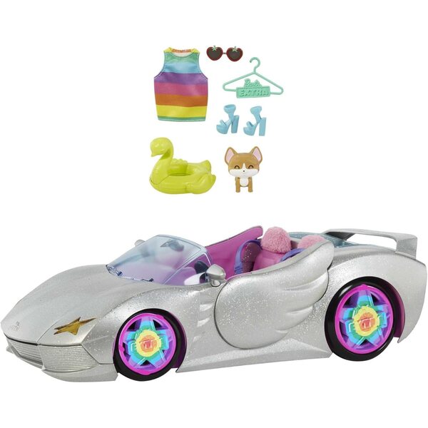 Barbie Extra Cabriolet Silber mit Pool und Zubehör, Voiture 2 Sitze für Kinder