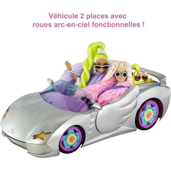 Barbie Extra Cabriolet Silber mit Pool und Zubehör, Voiture 2 Sitze für Kinder