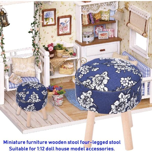 1/12 Miniatur-Holzhocker für Puppenhaus – realistisches Zubehör blau/weiß