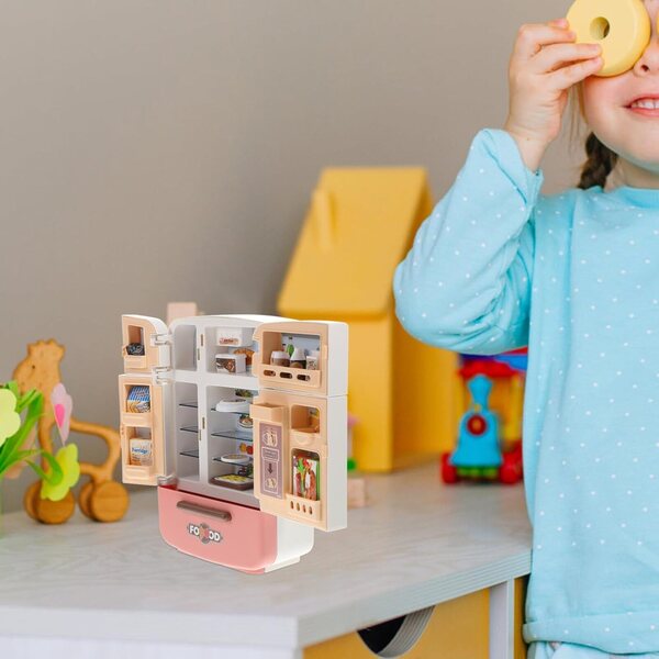 Set Mini Frigorifero Giocattolo e Cibo Finto in Plastica Sicura per Bambine