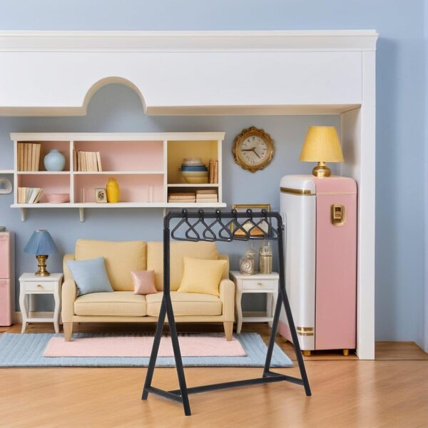 Set aus 2 schwarzen Mini-Puppenkleiderbügeln mit 12 platzsparenden Mini-Kleiderbügeln aus Kunststoff