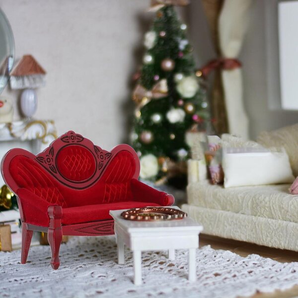 Divano Miniatura in Legno Rosso 12x10 cm - Decorazione Vintage per Case e Scenografie