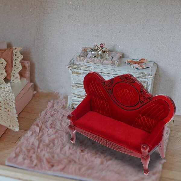KOMBIUDA Divano Miniatura 12 cm in Legno Rosso Vintage per Case e Scene Miniature