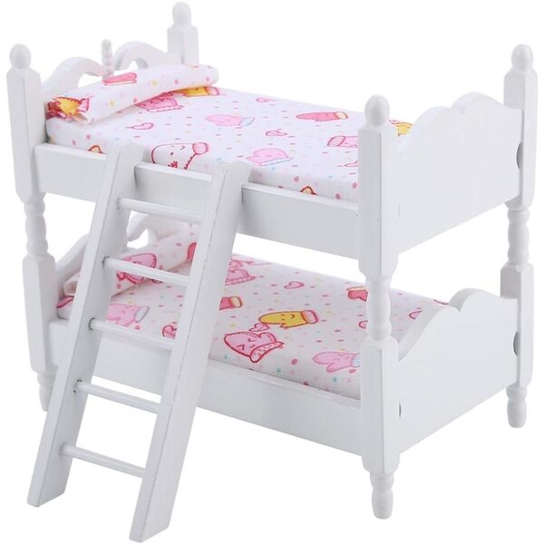 Letto a castello in legno per bambole 1:12 - design rosa e geometria cromatica