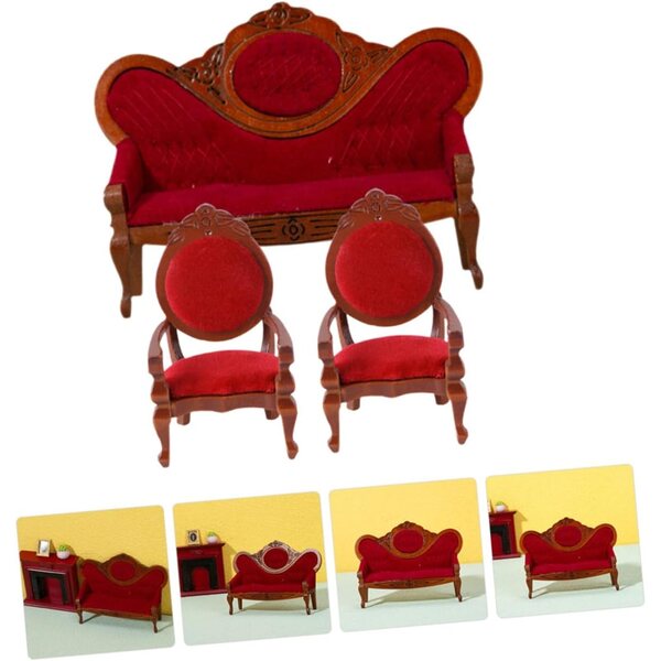 Set 3 Pezzi Divani Miniatura Vintage in Legno e Tessuto per Casa delle Bambole