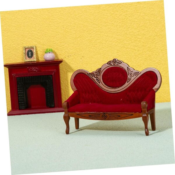 Set 3 Pezzi Divani Miniatura Vintage in Legno e Tessuto per Casa delle Bambole