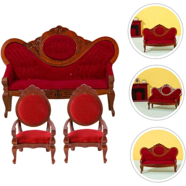 Set 3 Pezzi Divani Miniatura Vintage in Legno e Tessuto per Casa delle Bambole