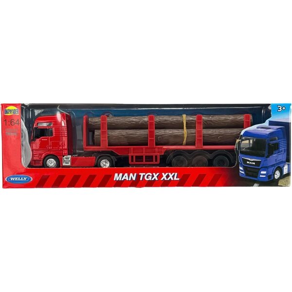 Welly Man TGX XXL Roter LKW mit Holzanhänger 1/64 Metallmodell