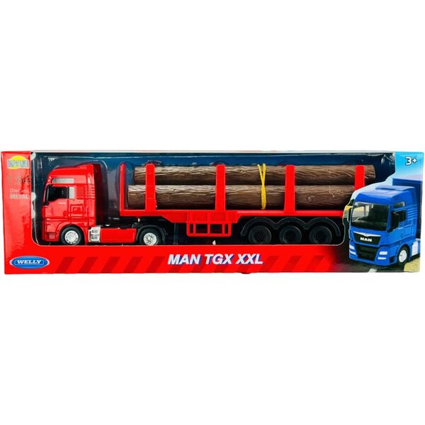 Welly Man TGX XXL Roter LKW mit Holzanhänger 1/64 Metallmodell