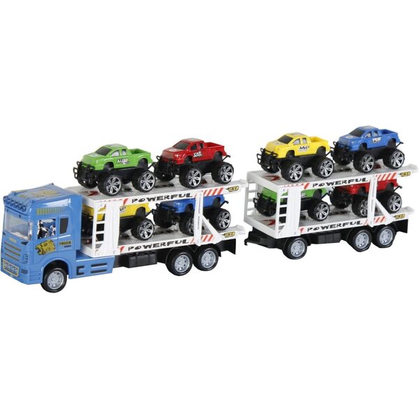 Blauer Friction Truck mit 2 Anhängern und 8 Autos – Dynamisches Spiel für Kinder