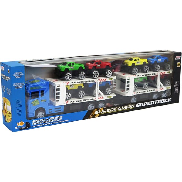 Blauer Friction Truck mit 2 Anhängern und 8 Autos – Dynamisches Spiel für Kinder