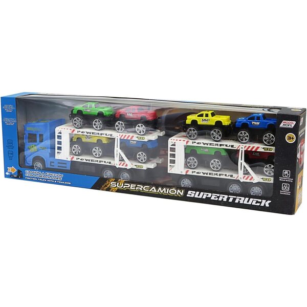 Blauer Friction Truck mit 2 Anhängern und 8 Autos – Dynamisches Spiel für Kinder