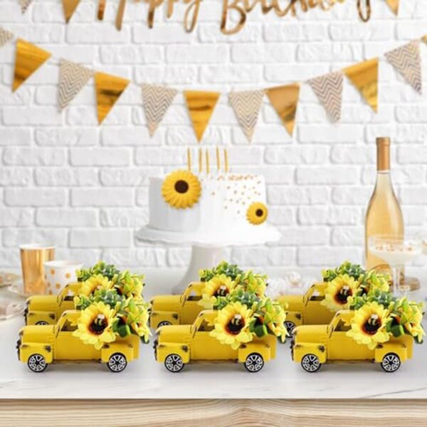 Decorazione tavolo girasole estiva in metallo giallo con fiori artificiali, vintage