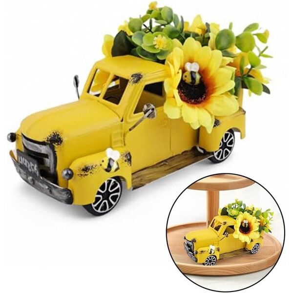 Decorazione tavolo girasole estiva in metallo giallo con fiori artificiali, vintage